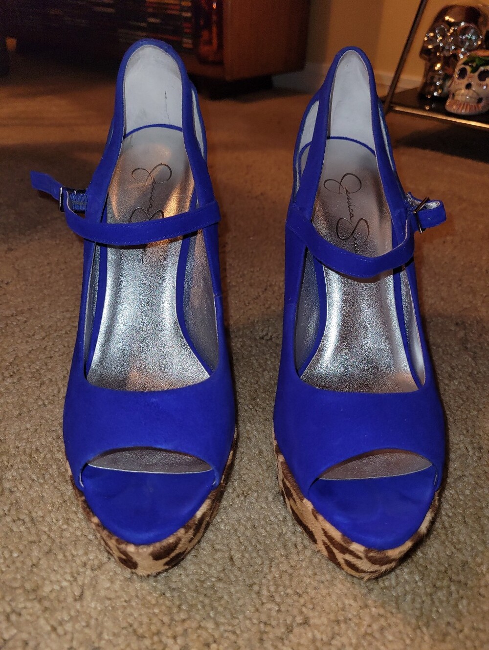 VintageJessica Simpson Royal Blue Suede Peep-Toe Calf Hair Platform Heels
